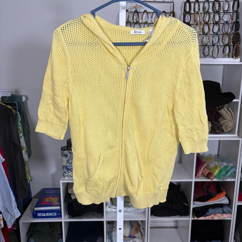 Liz & Co Open Knit Hooded Sweater Butter Yellow Full-zip Size Large Lightweight - Picture 4 of 5